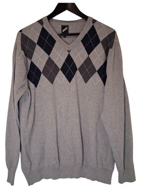Daniel Hechter Men’s Argyle V-Neck Gray, Navy Blue 100% Cotton Sweater XXL